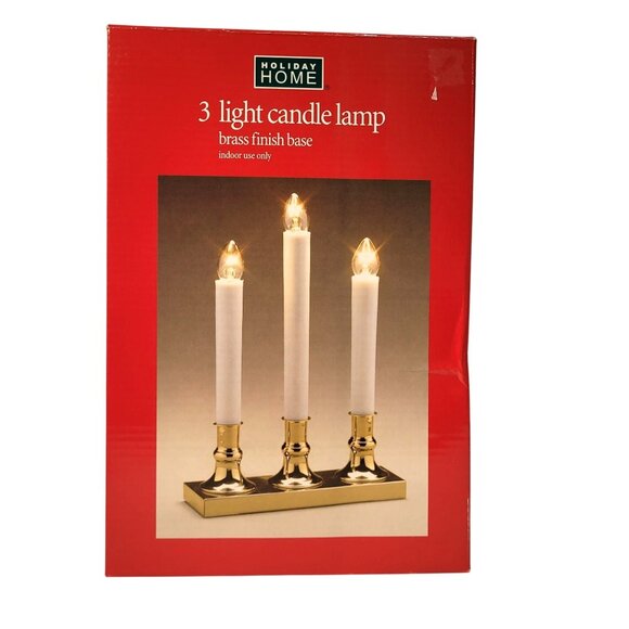 Three Light Candle Lamp Holiday Electric Home Brass Finish Base Indoor Use Box - Picture 1 of 6